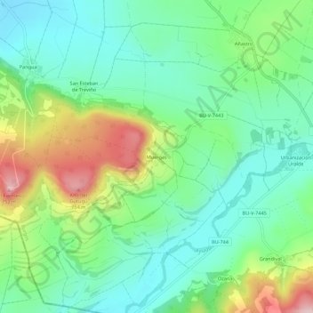 Mappa topografica Muergas, altitudine, rilievo