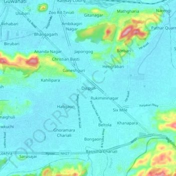 Mappa topografica Dispur, altitudine, rilievo