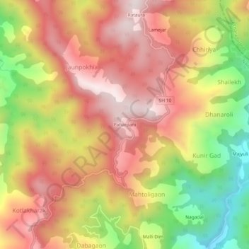 Mappa topografica Paharpani, altitudine, rilievo