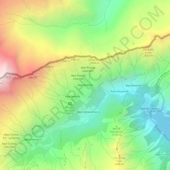 Mappa topografica Alpe Andolla, altitudine, rilievo