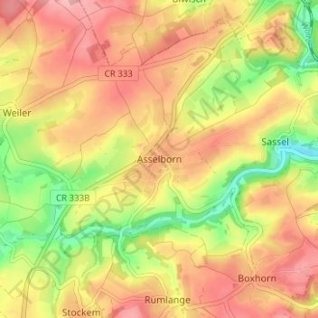 Mappa topografica Asselborn, altitudine, rilievo
