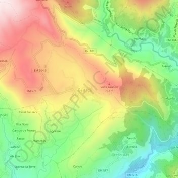 Mappa topografica Candeiro, altitudine, rilievo