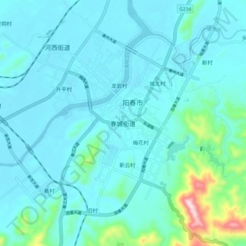 Mappa topografica 春城街道, altitudine, rilievo