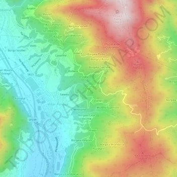 Mappa topografica Frieri, altitudine, rilievo
