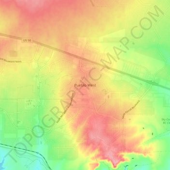 Mappa topografica Pueblo West, altitudine, rilievo