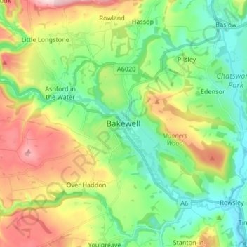 Mappa topografica Bakewell, altitudine, rilievo
