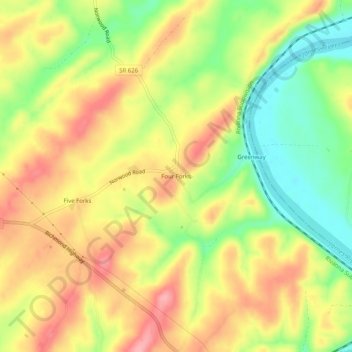 Mappa topografica Four Forks, altitudine, rilievo