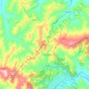 Mappa topografica Urbino, altitudine, rilievo