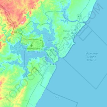 Mappa topografica Mombasa, altitudine, rilievo