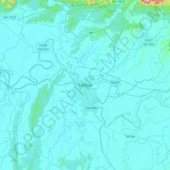 Mappa topografica Silchar, altitudine, rilievo