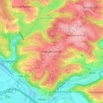 Mappa topografica Happerschoß, altitudine, rilievo