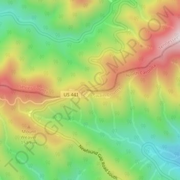 Mappa topografica Newfound Gap, altitudine, rilievo