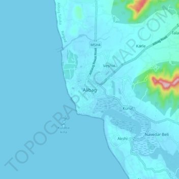 Mappa topografica Alibag, altitudine, rilievo