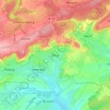 Mappa topografica Zittig, altitudine, rilievo