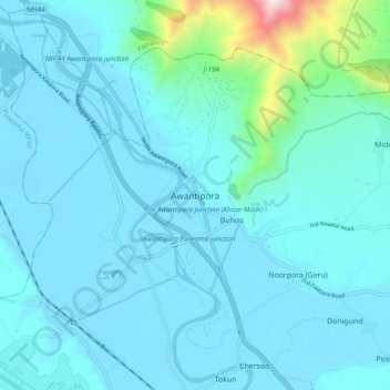 Mappa topografica Awantipora, altitudine, rilievo