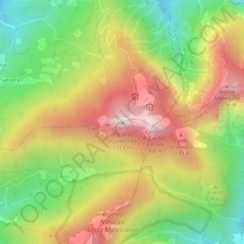 Mappa topografica Corno di Canzo Occidentale, altitudine, rilievo