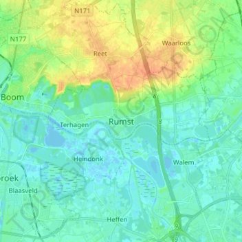 Mappa topografica Rumst, altitudine, rilievo