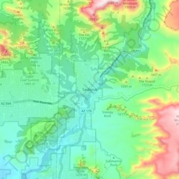 Mappa topografica Sedona, altitudine, rilievo
