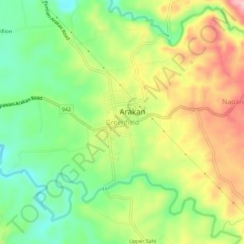 Mappa topografica Greenfield, altitudine, rilievo
