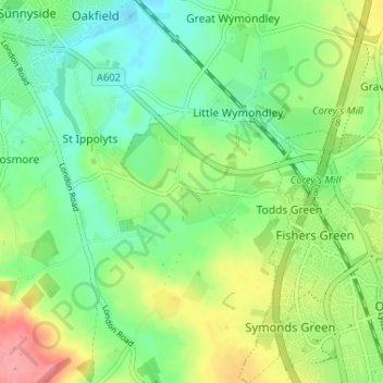 Mappa topografica Redcoats Green, altitudine, rilievo