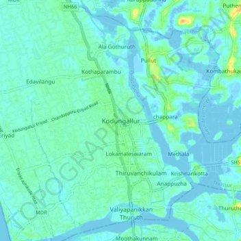Mappa topografica Kodungallur, altitudine, rilievo