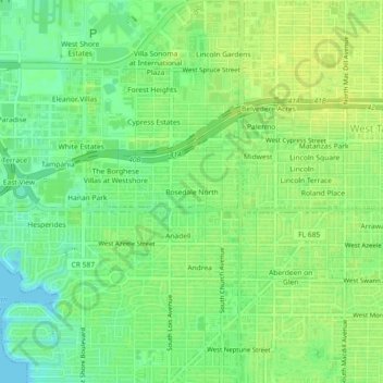 Mappa topografica Rosedale North, altitudine, rilievo