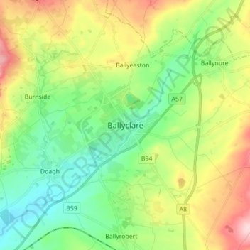 Mappa topografica Ballyclare, altitudine, rilievo