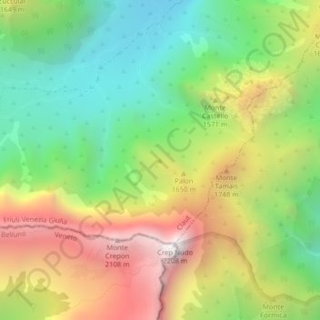 Mappa topografica Col Visentin, altitudine, rilievo