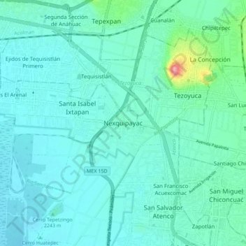 Mappa topografica Nexquipayac, altitudine, rilievo