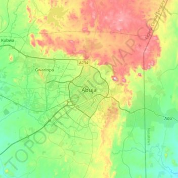 Mappa topografica Abuja, altitudine, rilievo