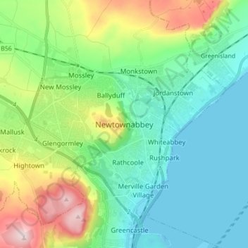 Mappa topografica Newtownabbey, altitudine, rilievo