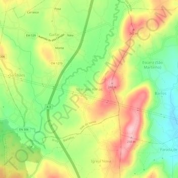Mappa topografica Vilar das Almas, altitudine, rilievo