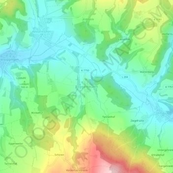 Mappa topografica Roggenbeuren, altitudine, rilievo