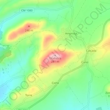 Mappa topografica Gralheira, altitudine, rilievo