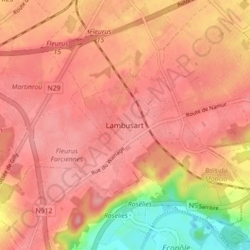 Mappa topografica Lambusart, altitudine, rilievo