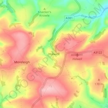 Mappa topografica Halwell, altitudine, rilievo
