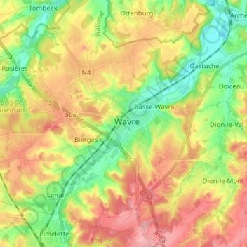 Mappa topografica Wavre, altitudine, rilievo