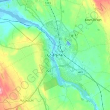 Mappa topografica Coleraine, altitudine, rilievo