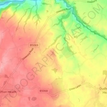 Mappa topografica Dudleston, altitudine, rilievo
