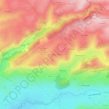 Mappa topografica Entre Deux Rieux, altitudine, rilievo