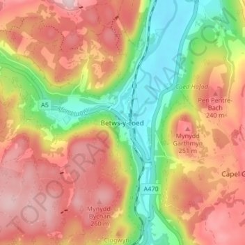 Mappa topografica Betws y Coed, altitudine, rilievo
