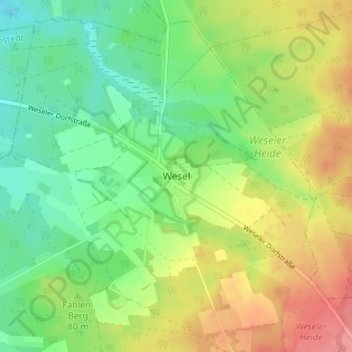 Mappa topografica Wesel, altitudine, rilievo