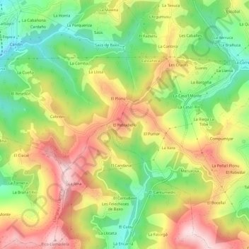Mappa topografica El Rebudiellu, altitudine, rilievo