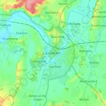 Mappa topografica Evesham, altitudine, rilievo