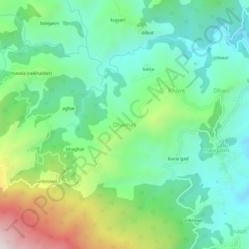 Mappa topografica Dhamas, altitudine, rilievo