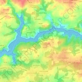Mappa topografica Kervignès, altitudine, rilievo