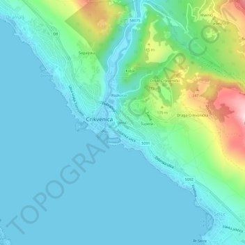 Mappa topografica Benići, altitudine, rilievo