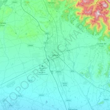 Mappa topografica Udine, altitudine, rilievo