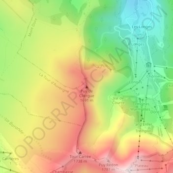 Mappa topografica Puy de Cliergue, altitudine, rilievo