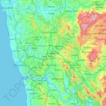Mappa topografica Ermesinde, altitudine, rilievo